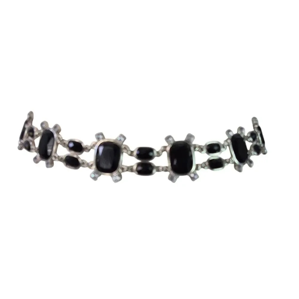 Black Faceted Gemstones Rhinestones Silver Tone Bling Metal Waist Belt 30